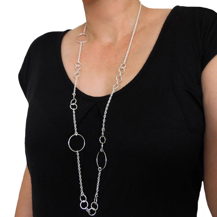 Long Women's Circle Link 925 Sterling Silver Necklace