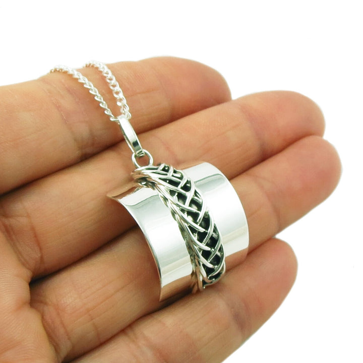Large Curved 925 Sterling Silver Woven Pendant and Chain Necklace