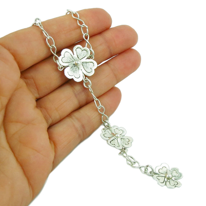 Long Maria Belen Sterling Silver Flower Lariat Necklace