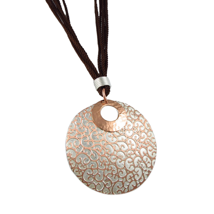 Solid Copper and Silver Large Circle Swirl Necklace