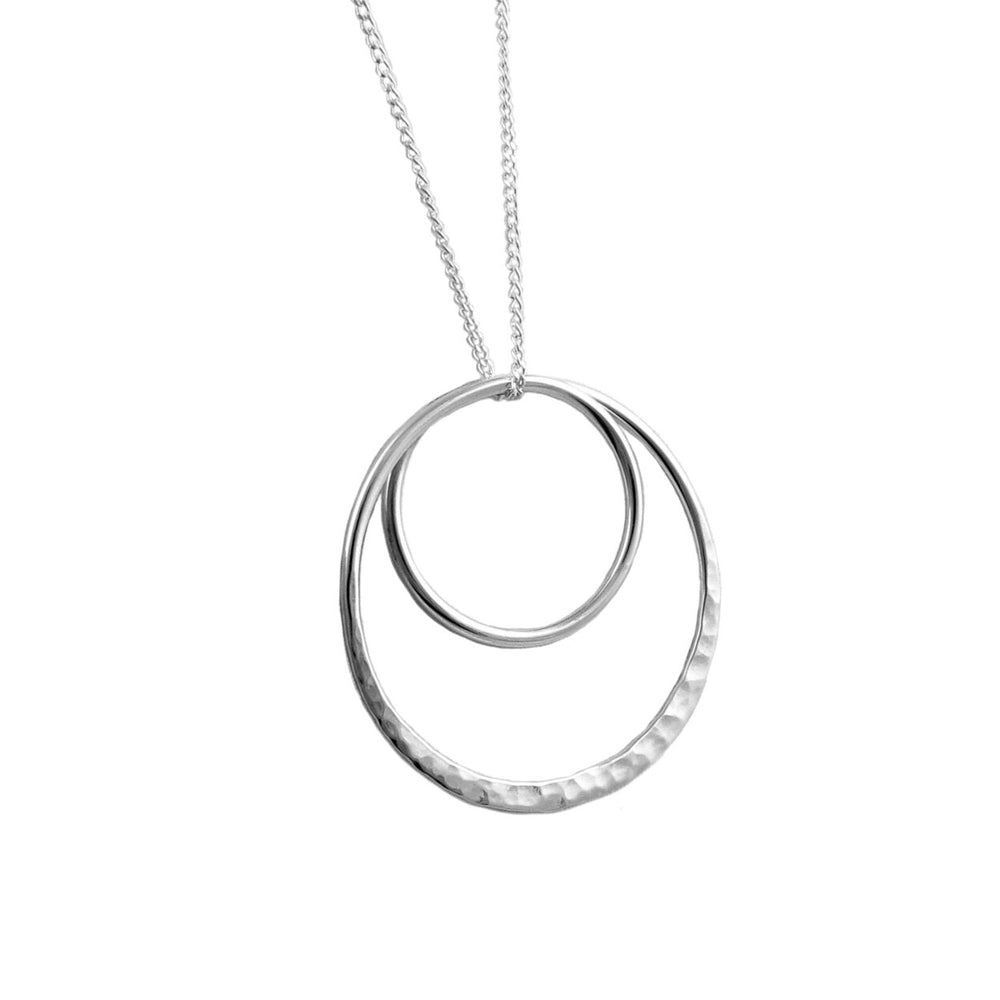 A sterling 925 silver necklace featuring two interlocking circles as the pendant, on a fine curb chain, displayed against a white background.
