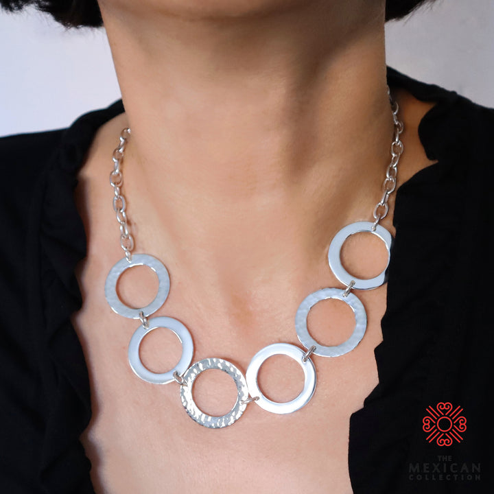 Wide Hallmarked Sterling Silver Boho Circle Link Necklace