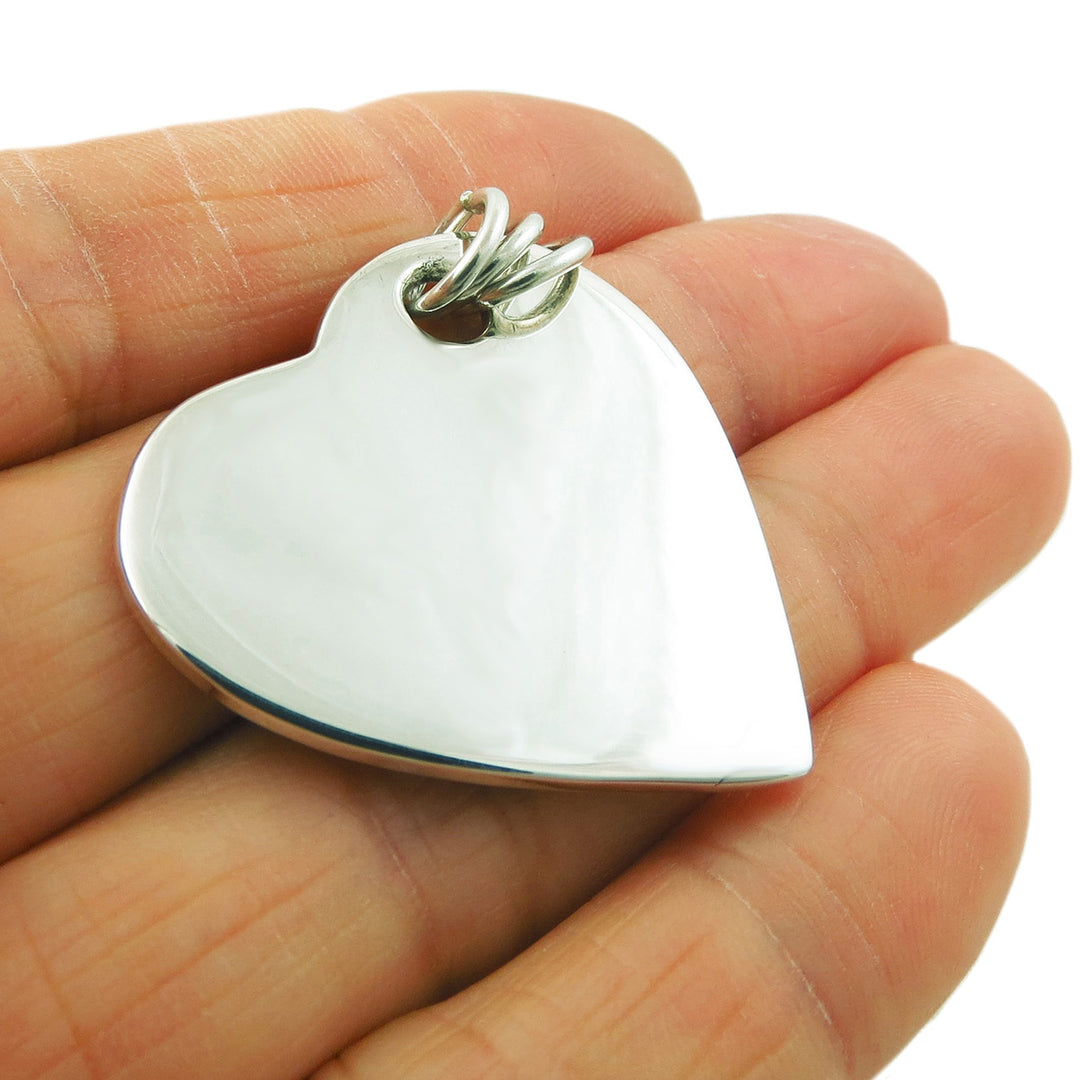 Large Solid 925 Sterling Silver Heart Pendant Necklace