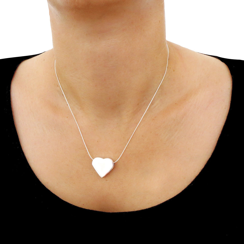 Polished 925 Silver Three Dimensional Love Heart Pendant Necklace