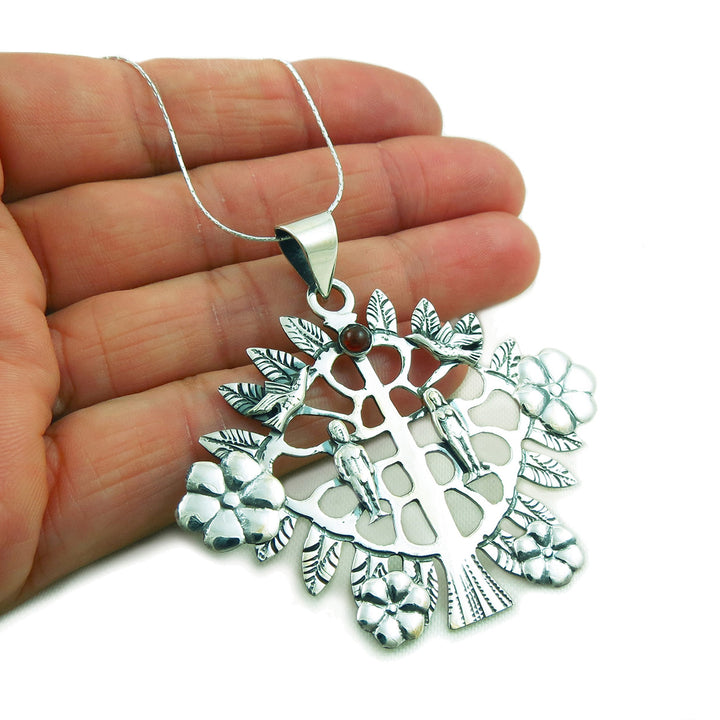 Adam and Eve Tree of Life Large Sterling Silver Pendant Necklace