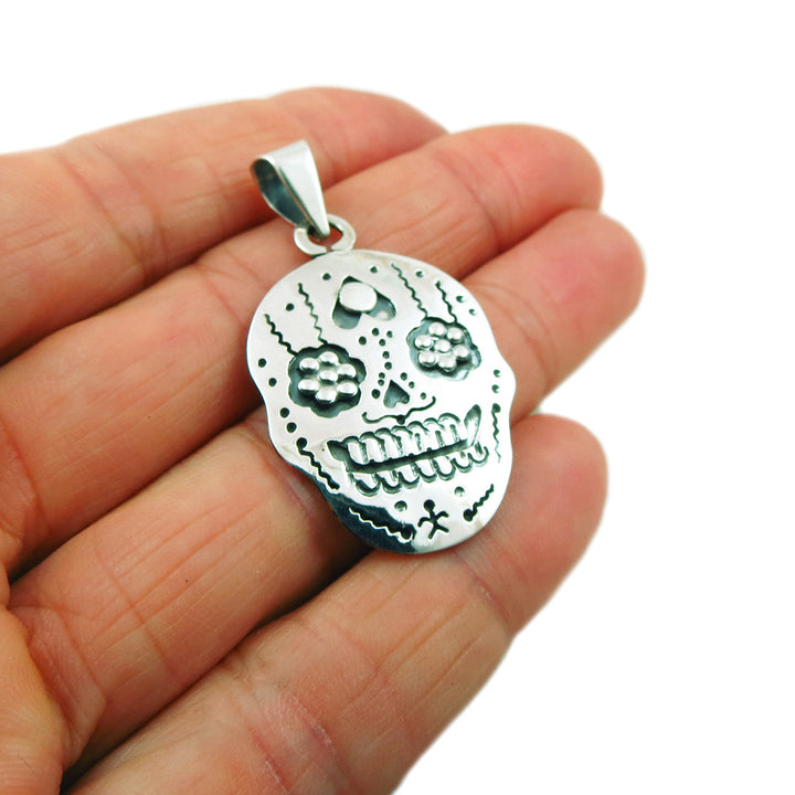 Rockabilly Day of the Dead Sugar Skull 925 Sterling Silver Pendant