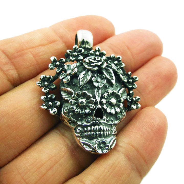 Day of the Dead Sugar Skull Silver Pendant Necklace