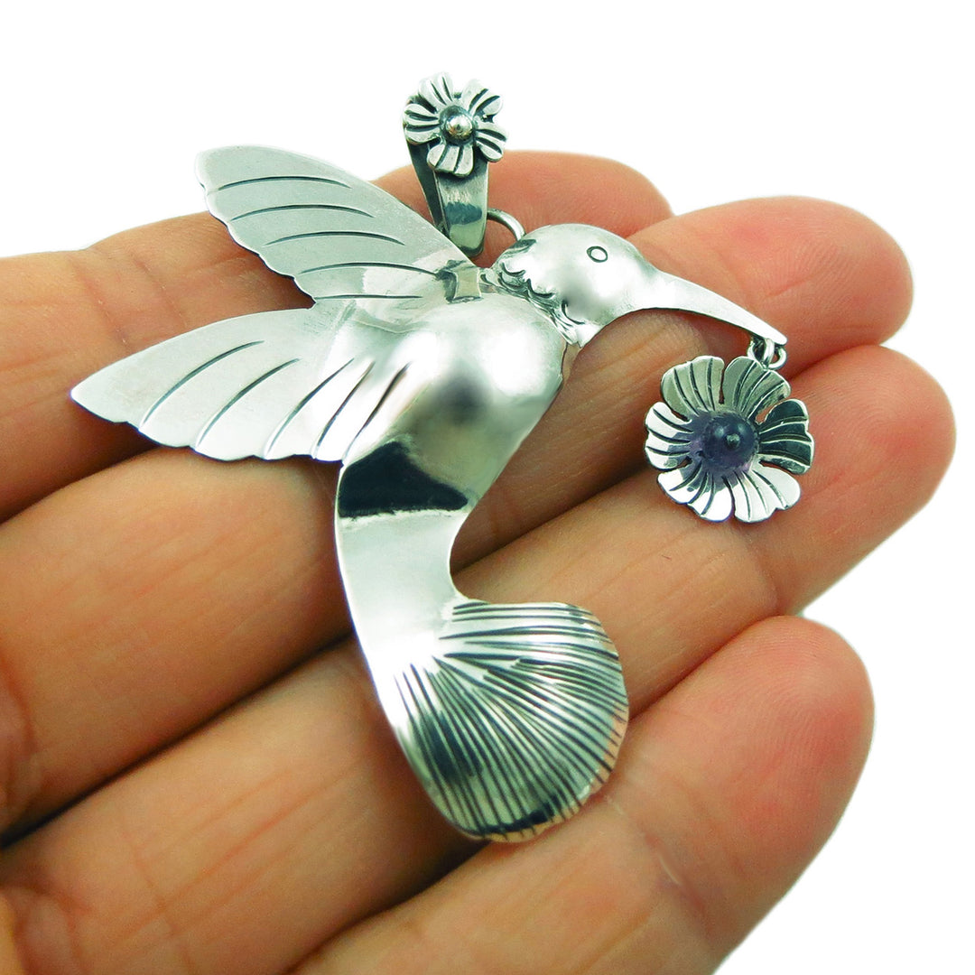 Sterling Silver Hummingbird and Amethyst Flower Pendant