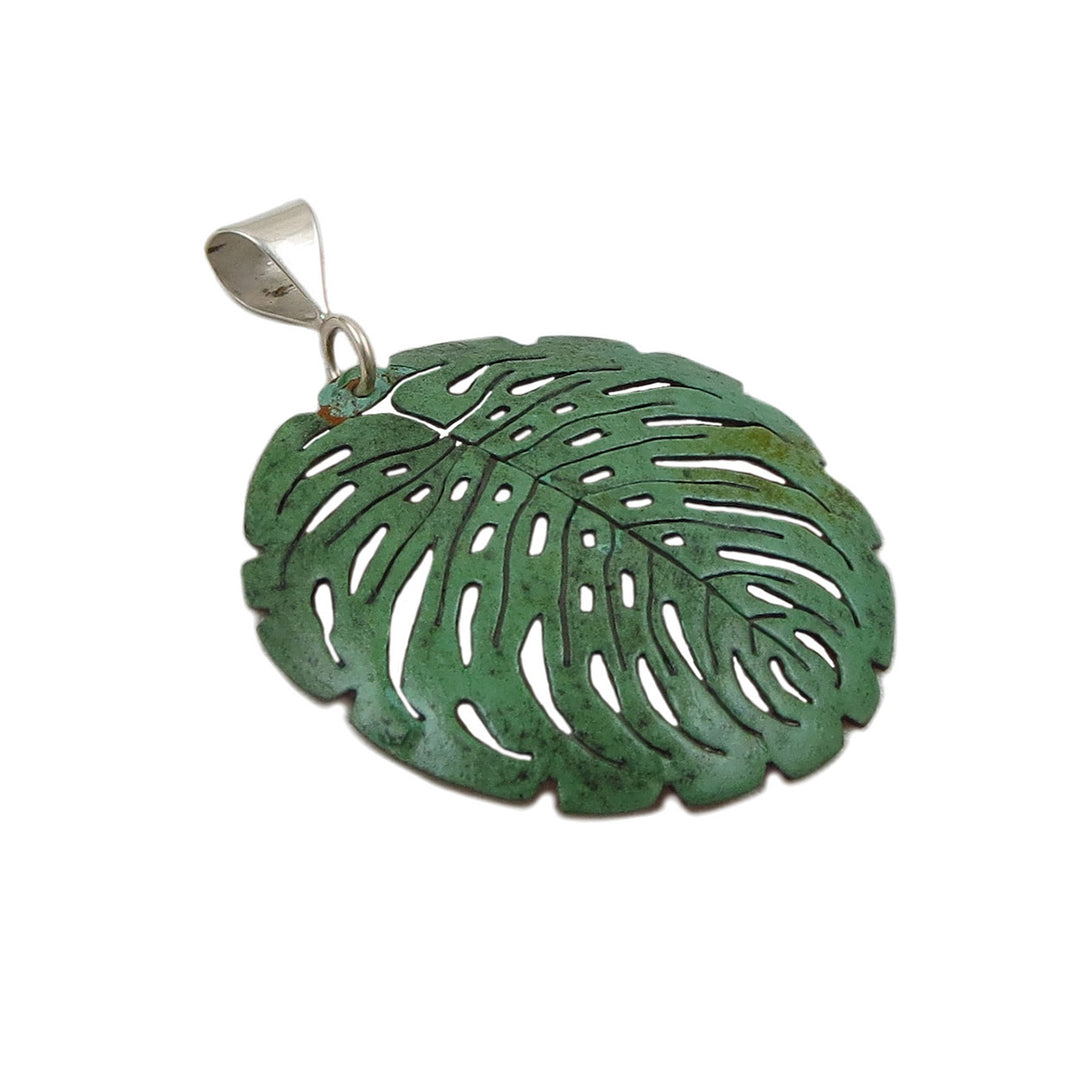 Green Copper and 925 Silver Large Leaf Pendant