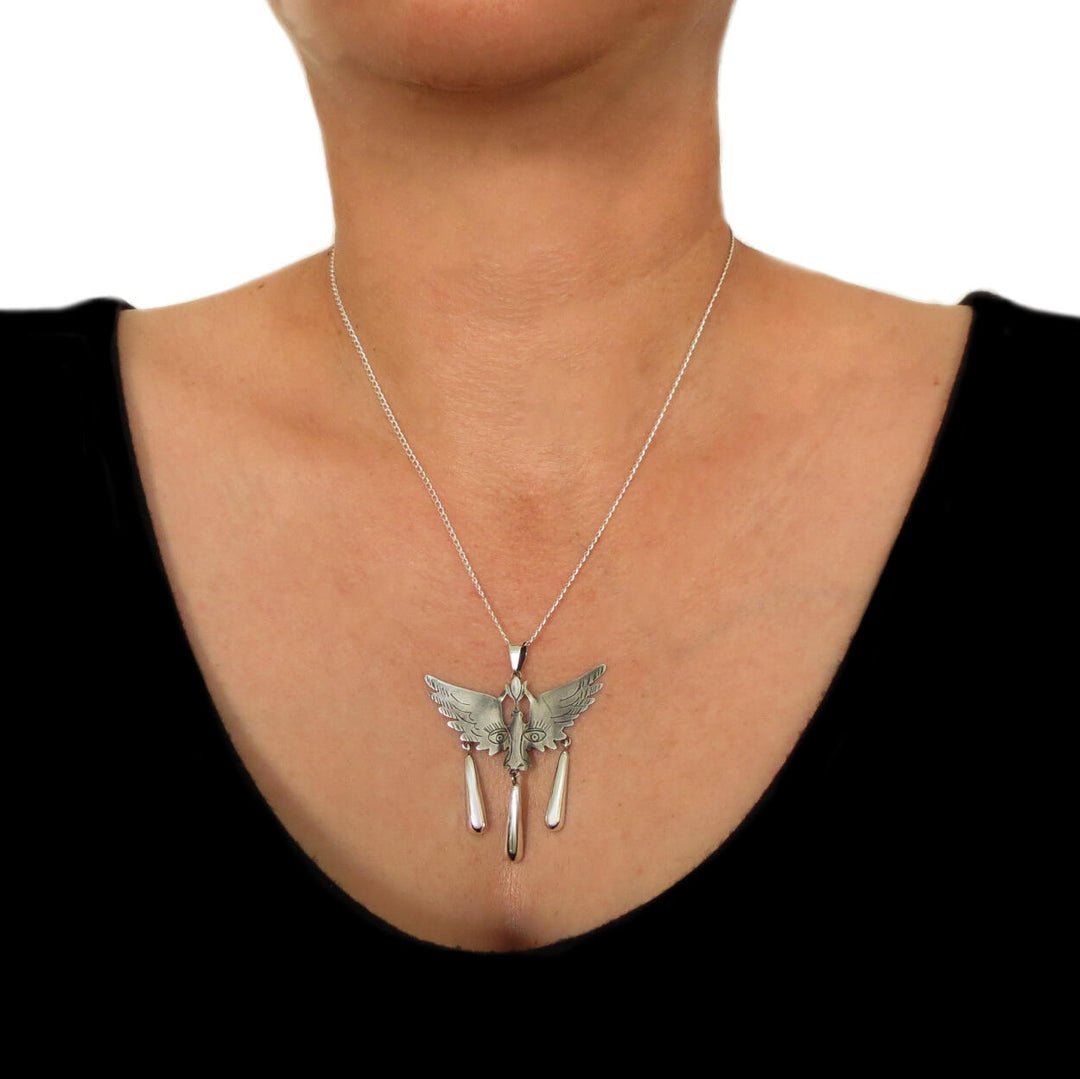 Surreal Maria Belen 925 Sterling Silver Winged Bird Face Pendant