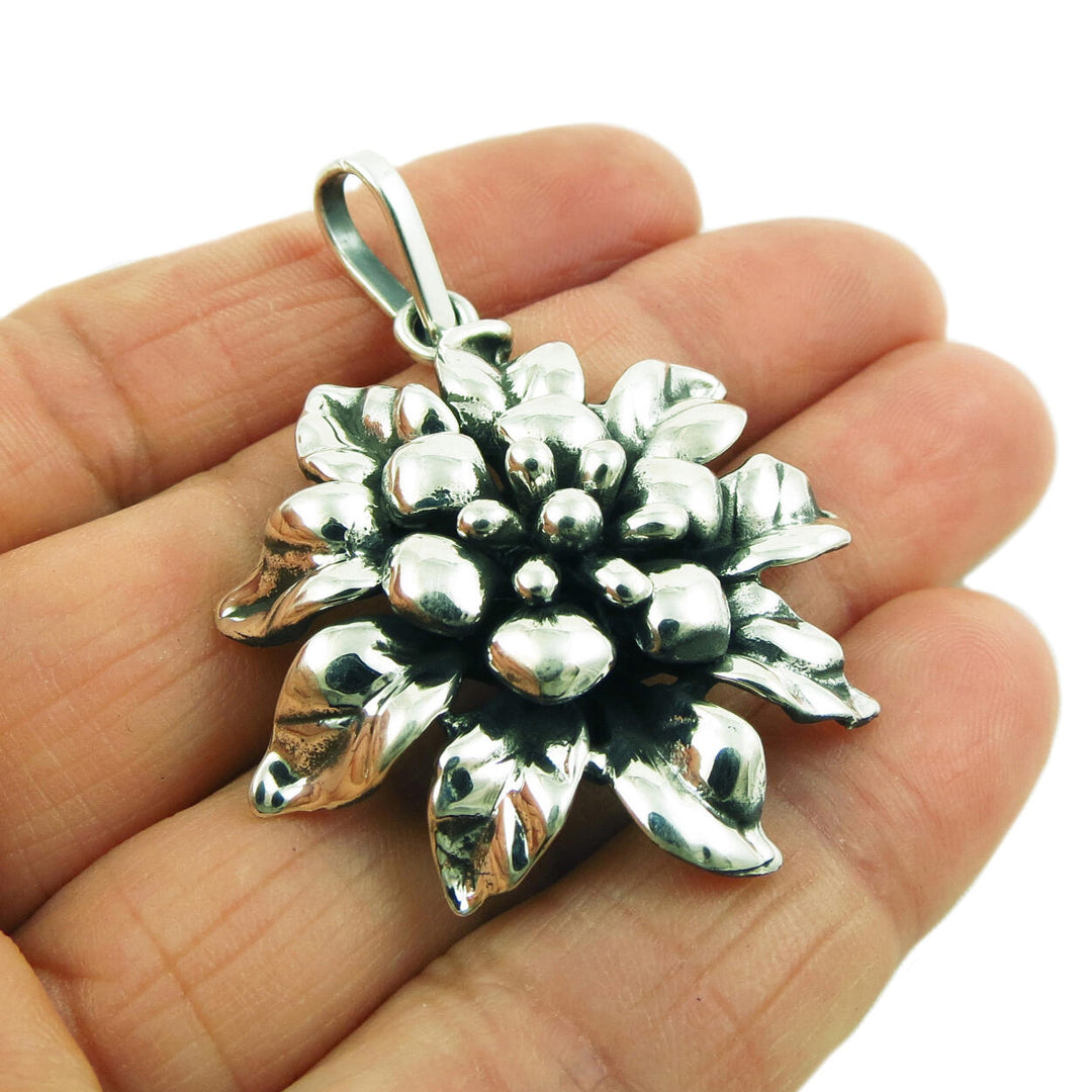 Large Chunky Edelweiss Flower Sterling Silver Pendant Necklace