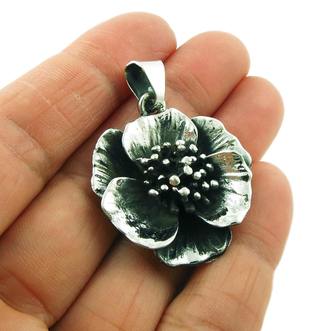 Poppy Flower Sterling Silver Pendant Necklace
