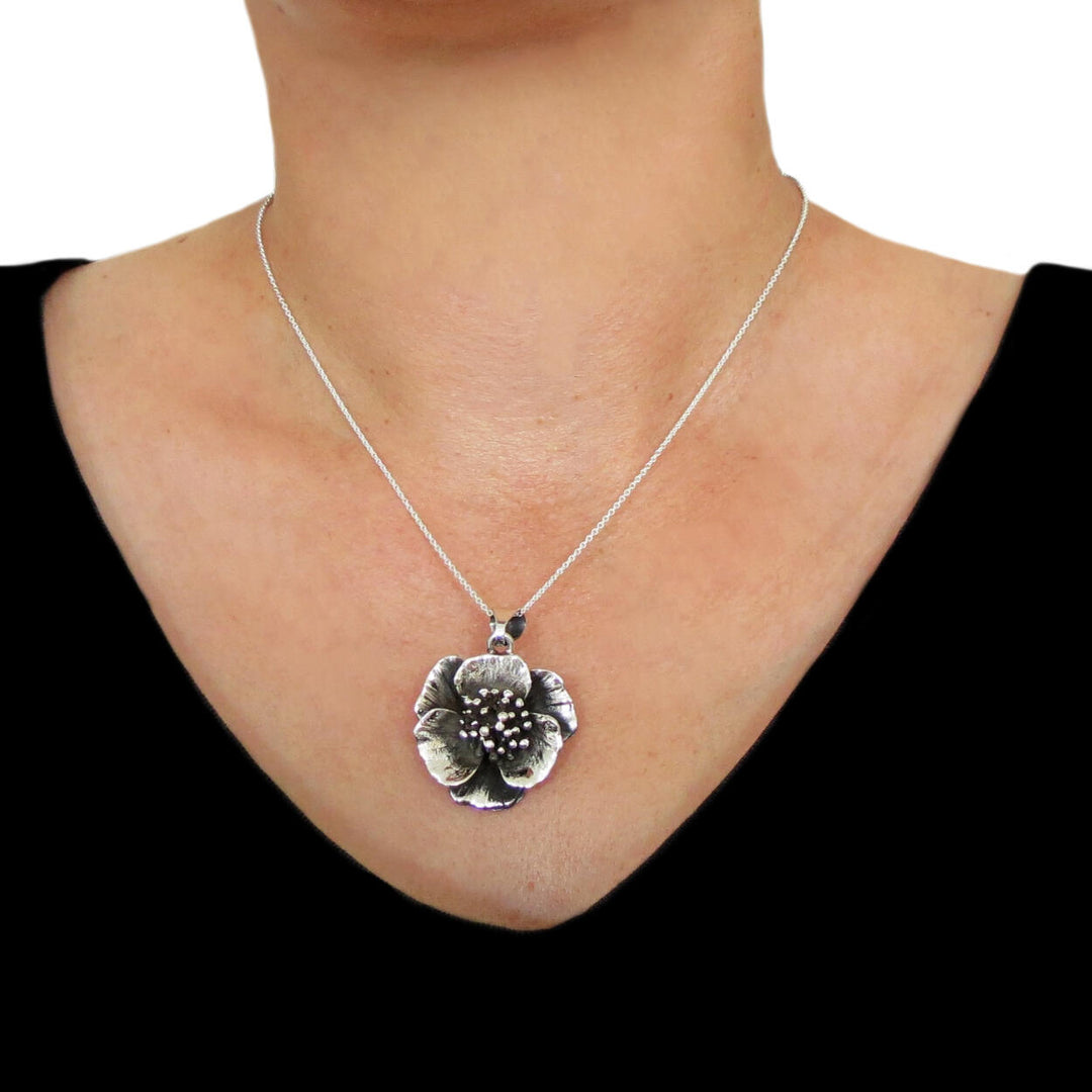 Large Flower 925 Sterling Silver Pendant Necklace