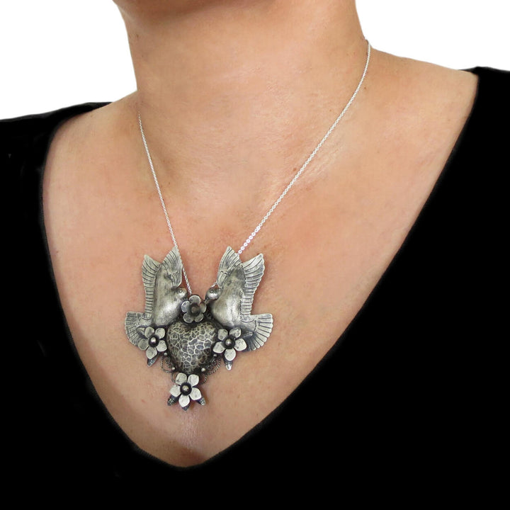 Maria Belen Taxco Designer Sterling Silver Lovebird Pendant Necklace