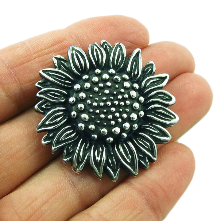 Large Sterling Silver Sunflower Pendant Necklace