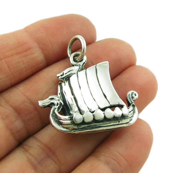 Sterling Silver Viking Long Ship Boat Pendant Necklace