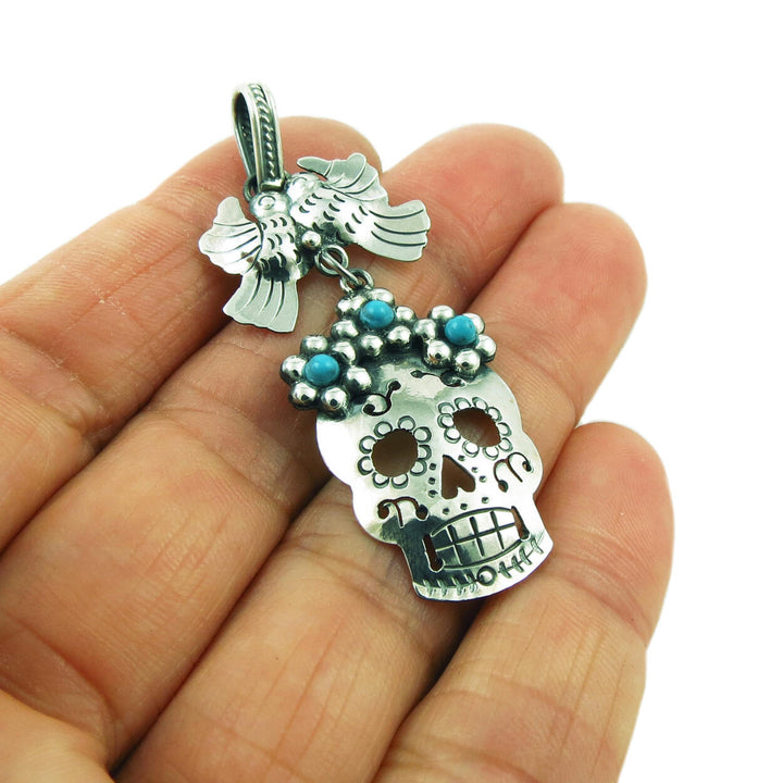 Mexican Day of the Dead Sugar Skull Sterling Silver Pendant Necklace
