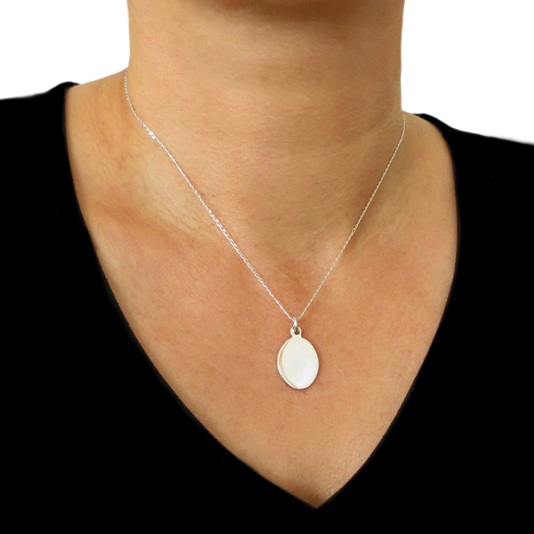 Solid Oval 925 Sterling Silver Drop Pendant Necklace