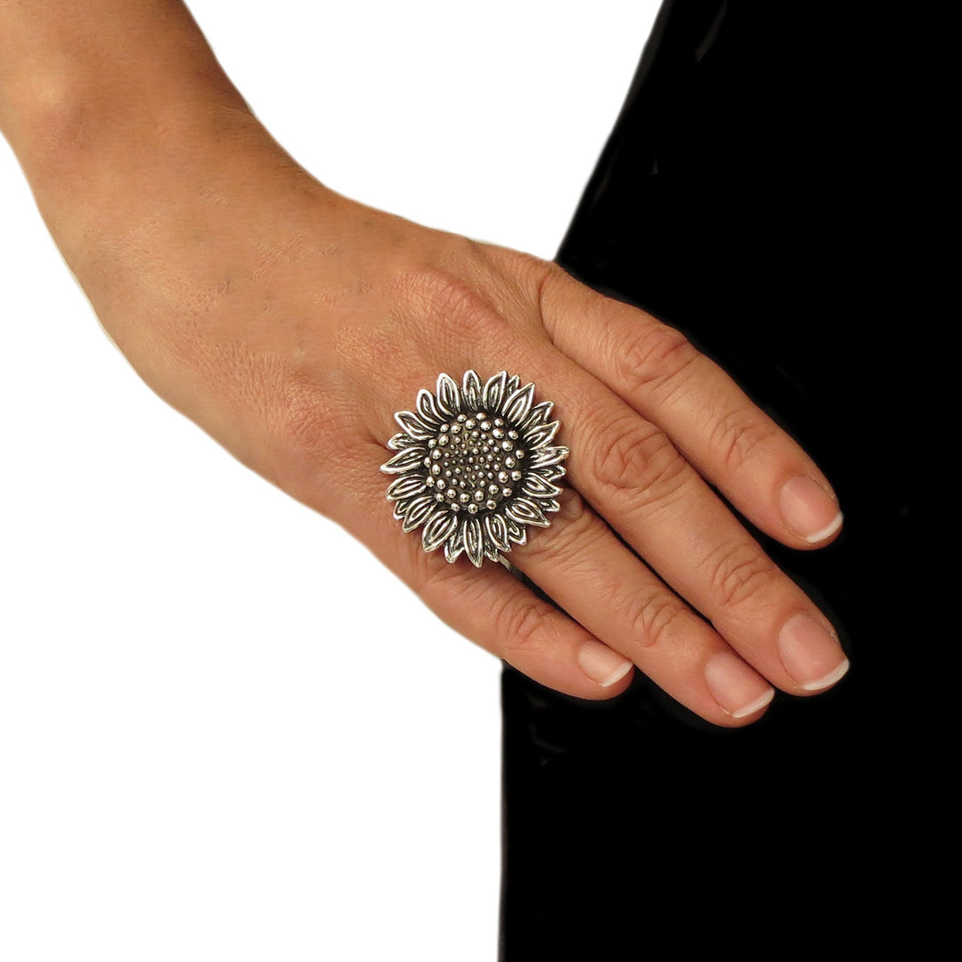 Large Sunflower Sterling Silver Cocktail Ring