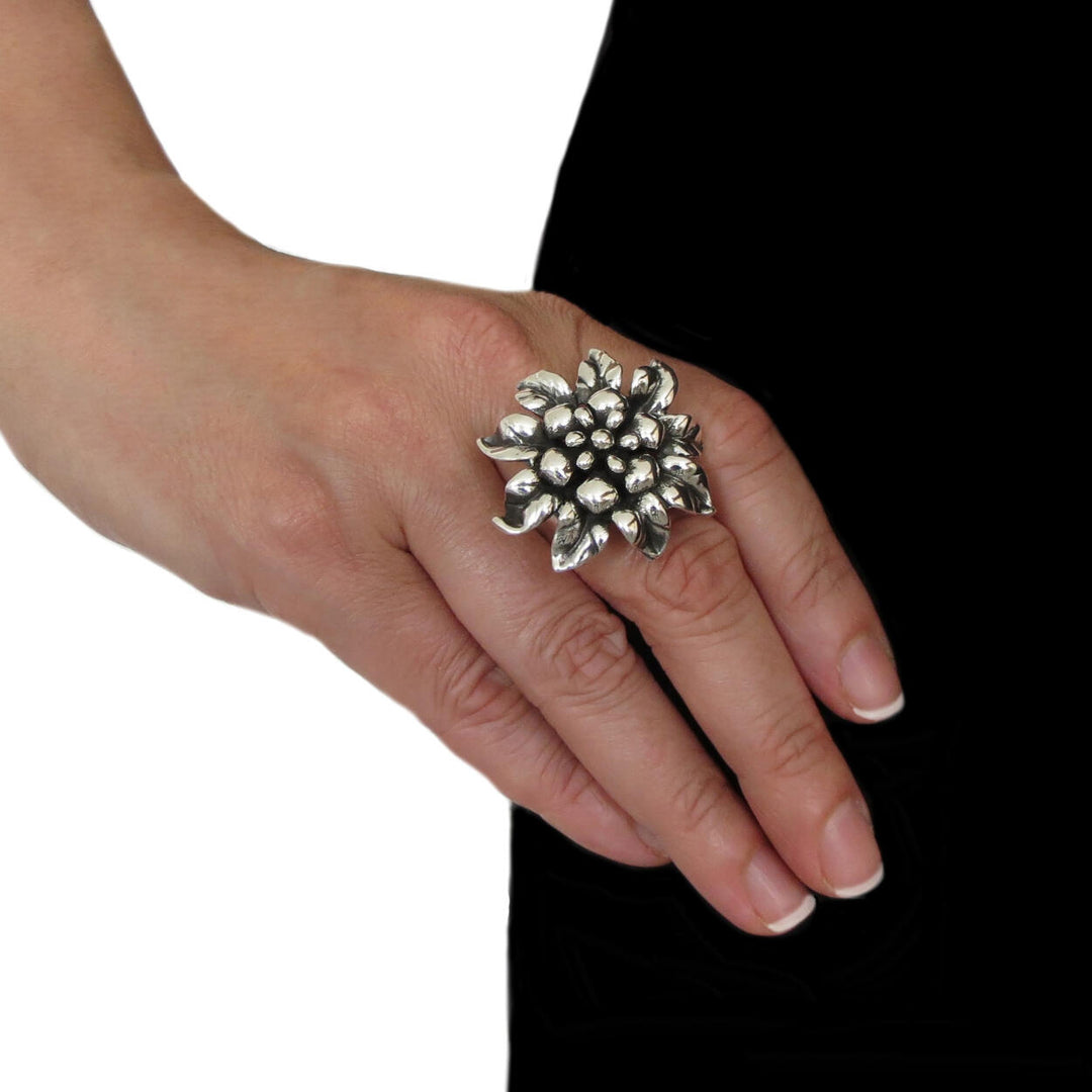 Handmade Large Women's Edelweiss Flower Sterling Silver Ring
