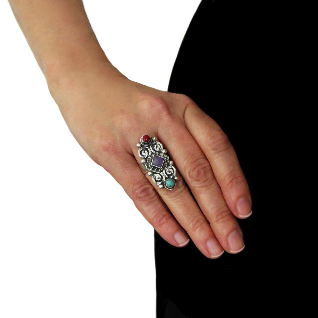 Amethyst and Sterling Silver Scrollwork Baroque Ring