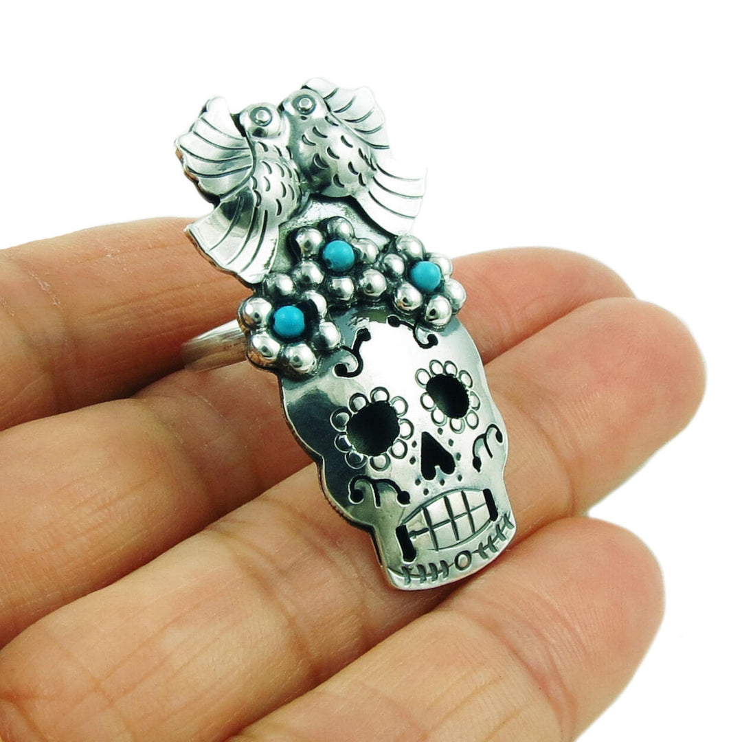 Day of the Dead Sterling Silver Sugar Skull and Flowers Ring