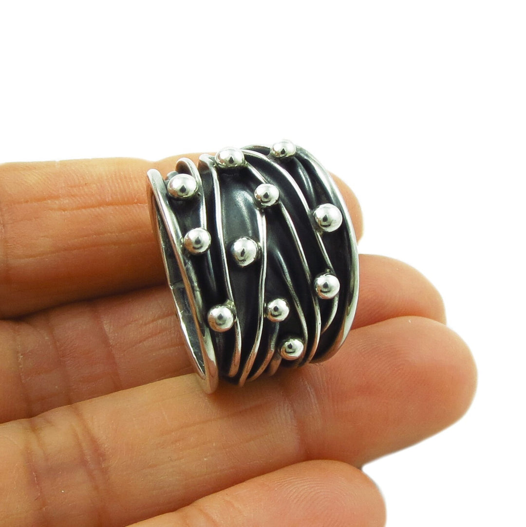 Crushed Sterling Silver and Ball Bead Chunky Ring