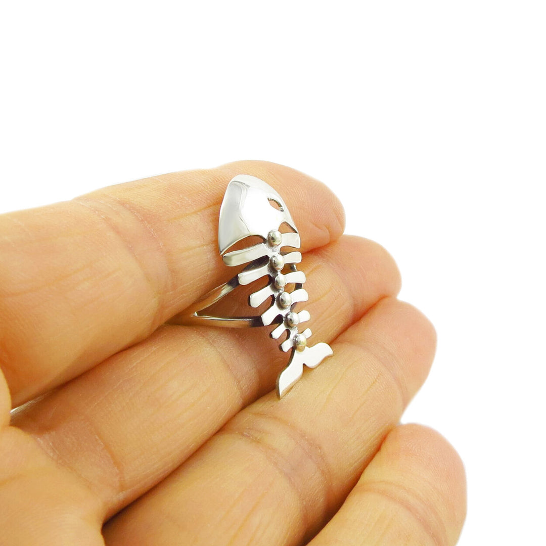 Wide 925 Silver Fish Bone Skeleton Ring