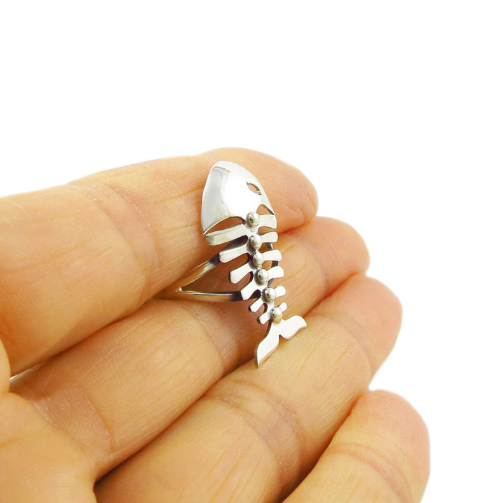 Wide 925 Silver Fish Bone Skeleton Ring