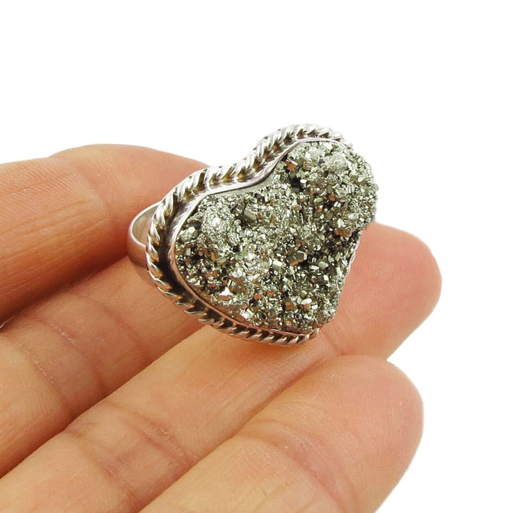 Large Pyrite Gemstone Heart Sterling Silver Ring